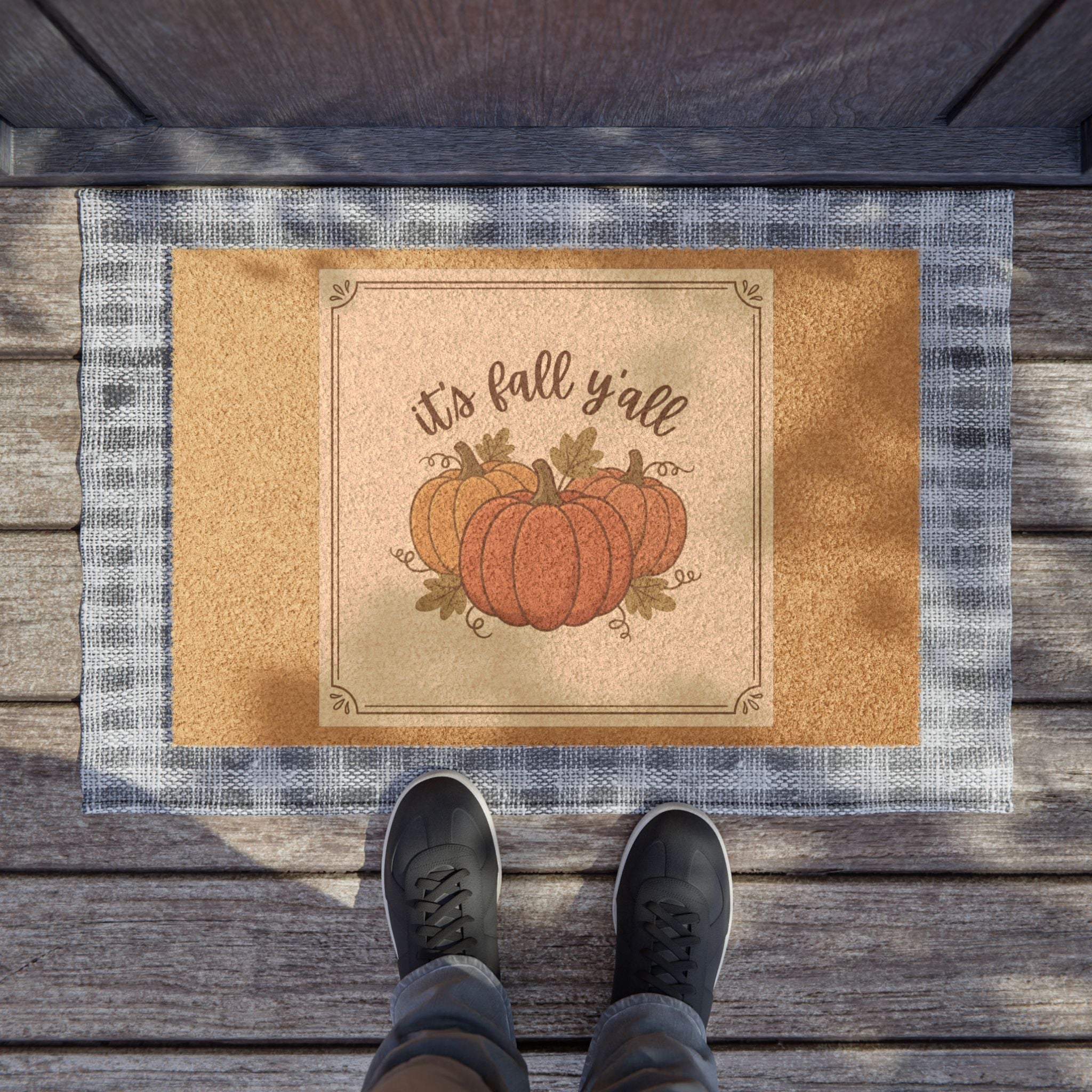 Fall Y'all Doormat — Rustic Pumpkin Autumn Welcome Mat