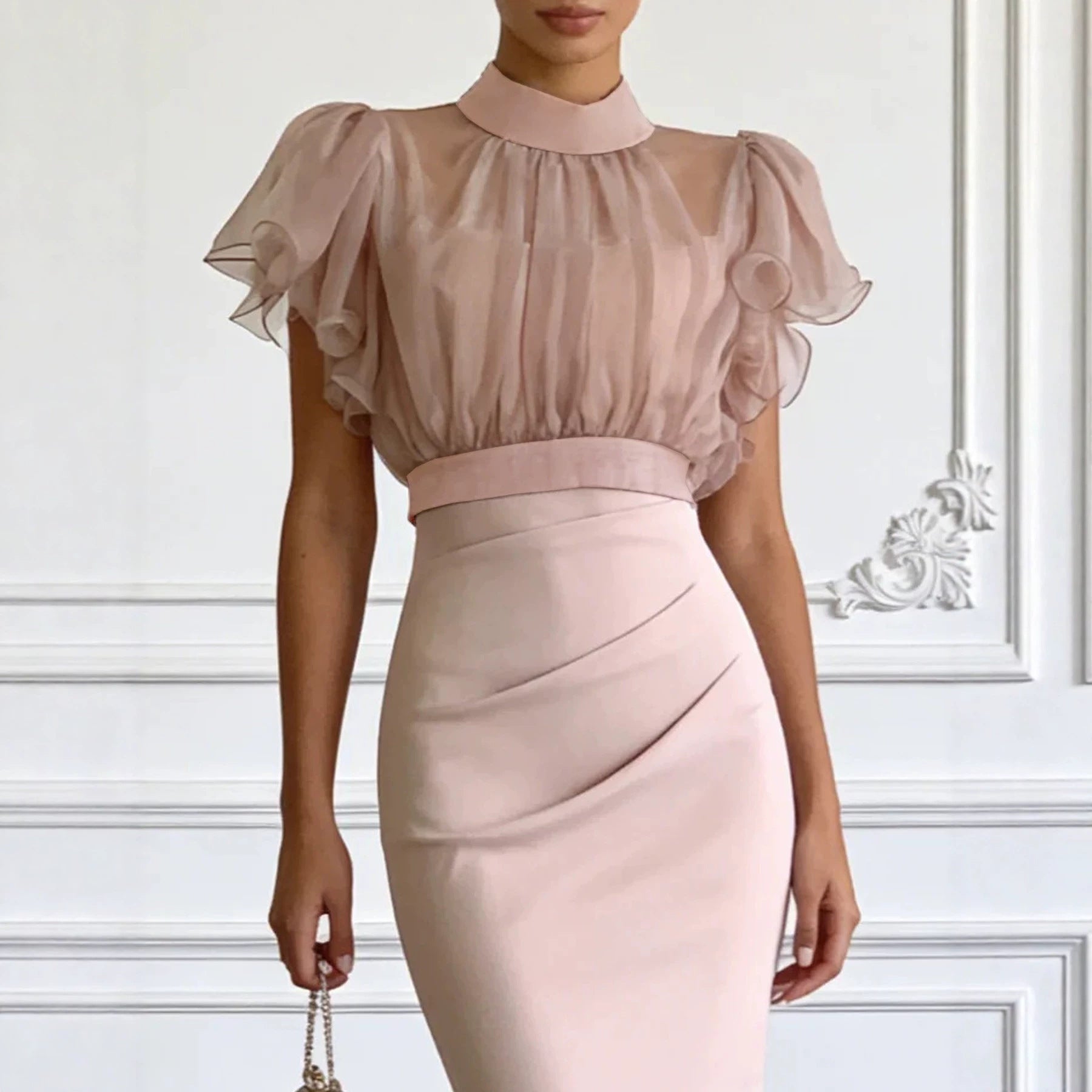 Pink Mesh Lace-Up Waist Two-Piece Dress Set – Elegant Long Skirt & Top