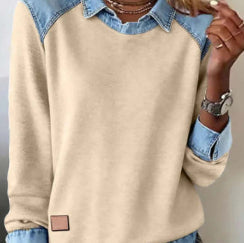 Denim Collar Patchwork Pullover Knitwear Top – Women’s Street Style