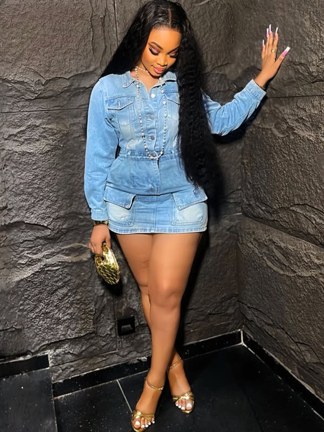 Women's High-Waisted Washed Denim Mini Dress – Multi-Pocket Hip-Lifting Design